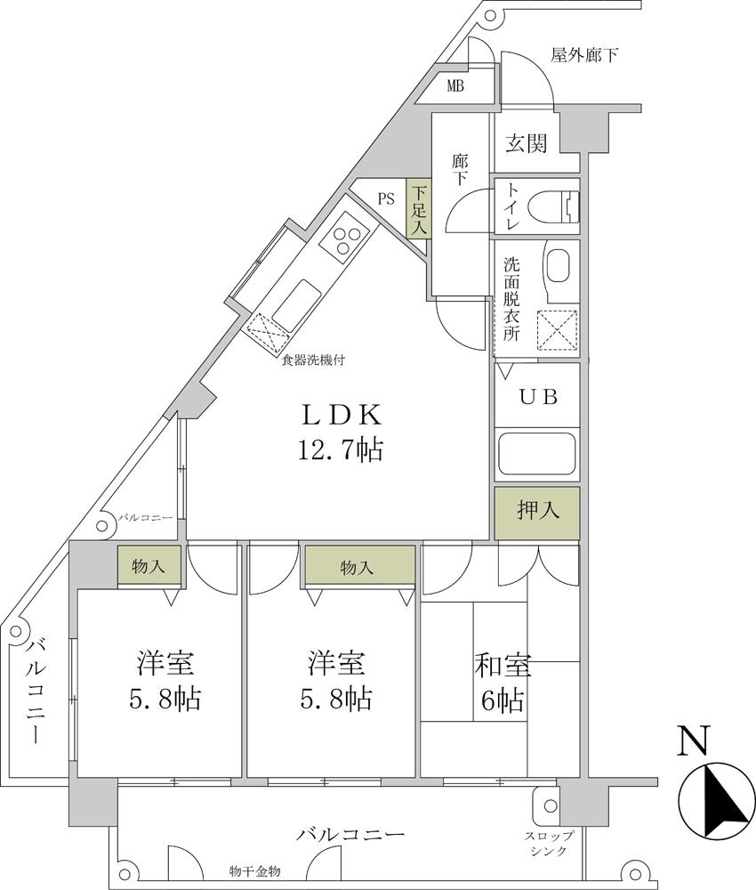 Floor plan. 3LDK, Price 16.8 million yen, Occupied area 62.34 sq m , Balcony area 15.68 sq m
