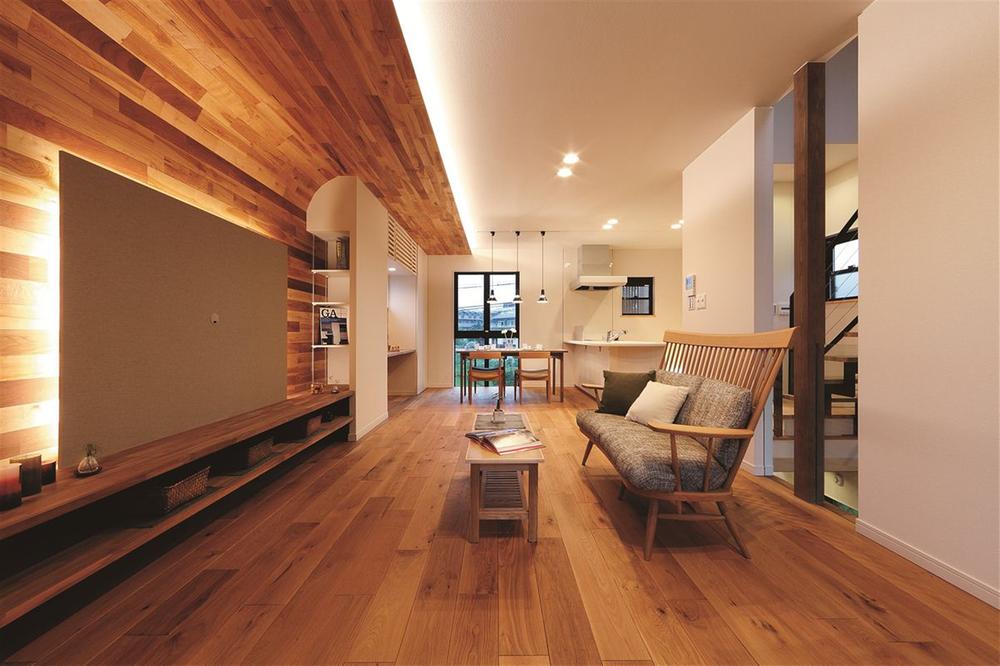 Building plan example (introspection photo).  [Our construction cases] The wall surface of the floor and TV board, Using the solid wood. Warmth is felt that soft and. Precisely because family place where everyone spend, What you want to prejudice the material.