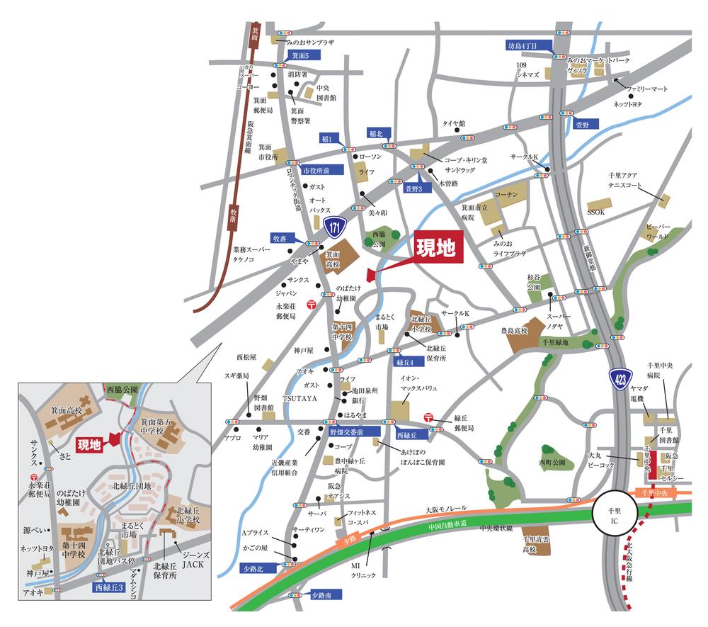 Local guide map. Hankyū Minoo Line "Makiochi" 16-minute walk to the station, Northern Osaka Express "Senri" bus 20 minutes to the station.