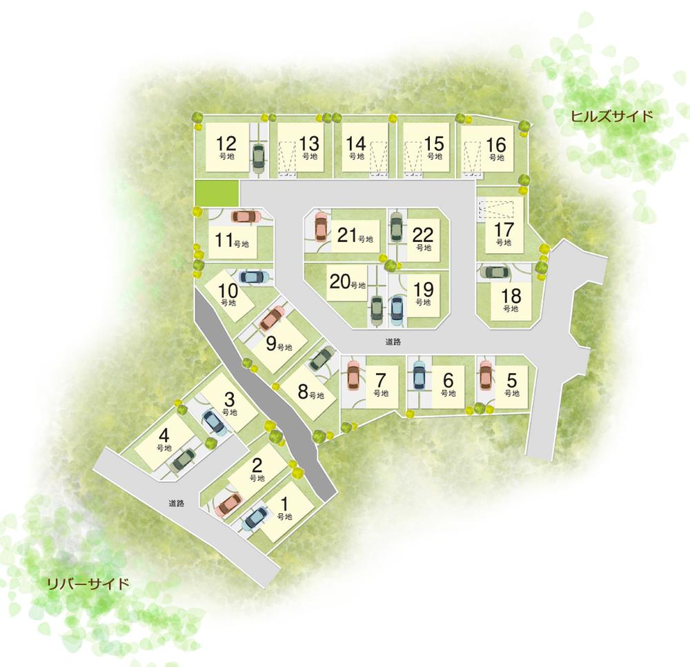 The entire compartment Figure. And Riverside along the row of cherry blossom trees, There is a Hills side of good hill of scenery.