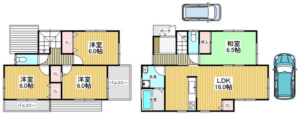Floor plan. 33,800,000 yen, 4LDK, Land area 112.16 sq m , Building area 94.77 sq m all room 6 tatami mats or more, Spacious living space with storage space