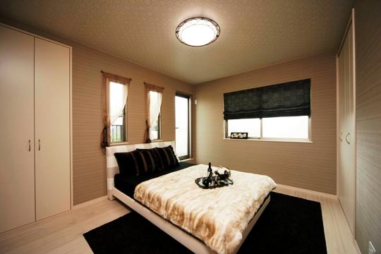 Model house photo. 7 tatami of the main bedroom. It is directly connected to the balcony of the depth 1.82m.