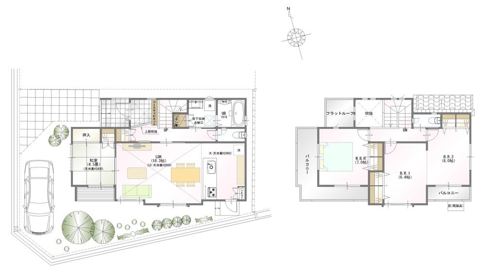Building plan example (floor plan). Building plan example (No. 7 locations) 4LDK, Land price 34,797,000 yen, Land area 135.85 sq m , Building price 23,857,000 yen, Building area 106.98 sq m