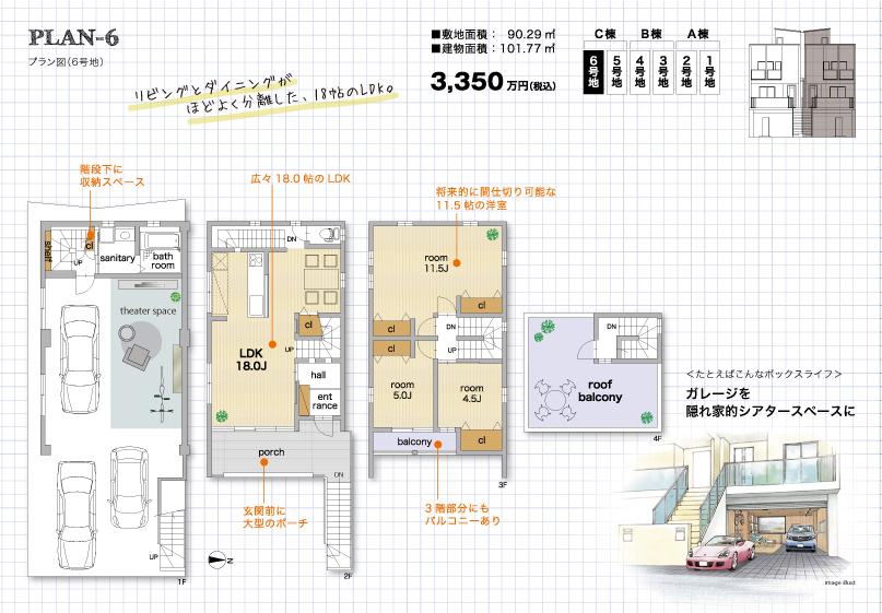 Floor plan. (No. 6 locations), Price 33,500,000 yen, 3LDK, Land area 90.29 sq m , Building area 101.77 sq m