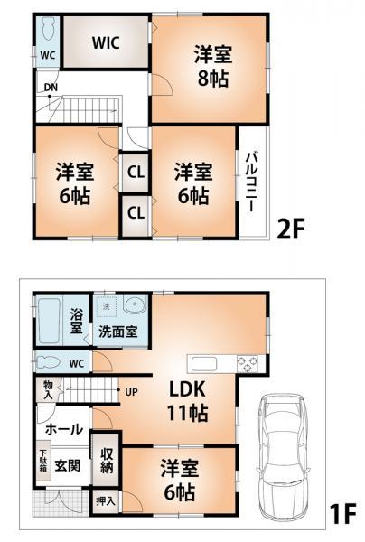 Floor plan. 32,800,000 yen, 4LDK, Land area 80.82 sq m , Building area 96.88 sq m 4LDK + WIC + is a two-storey property of parking.