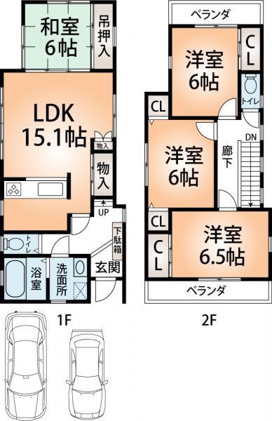 Compartment view + building plan example. Building plan example, Land price 22,330,000 yen, Land area 115.49 sq m , Building price 16,170,000 yen, The building area is 92.96 sq m building plan example.
