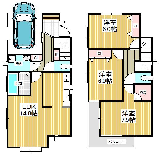 Floor plan. 34,800,000 yen, 3LDK, Land area 90 sq m , House building area 92.74 sq m walk-in closet is attractive