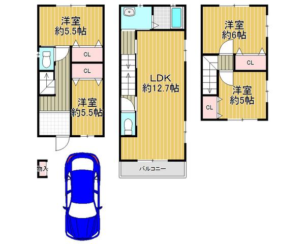 Floor plan. 31,800,000 yen, 4LDK, Land area 67.41 sq m , Spacious living space in the building area 98.41 sq m total living room with storage space ☆