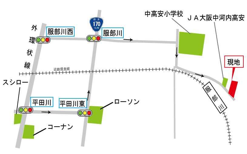 Local guide map. Immediately to the east than Hattorigawa Station