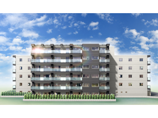 Buildings and facilities. In order to achieve a comfortable life of the family, It captures the refreshing breeze and the warm sunshine, Excellent corner dwelling unit rate of about 62% even in the privacy surface has secured the (percentage of the total dwelling unit). (Exterior - Rendering /  ※ Which was raised drawn based on drawing, In fact a slightly different. Around the building have been omitted.  ※ Tree species of planting ・ For the size of the, It has become unsettled, No attempt has been made to grow to about Rendering at the time of completion. It should be noted, Planting does not indicate the status of a particular season)