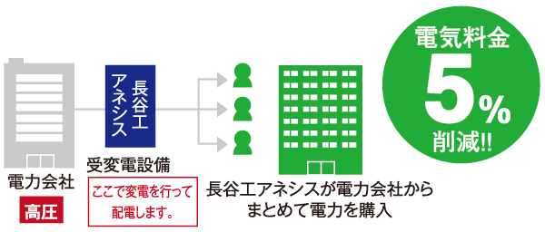Features of the building.  [High-pressure bulk powered] Not to contract in house-to-house power, By Haseko Anessis and the power company is a contract of direct high-voltage power, We have adopted a system of collectively receiving a low-cost high-voltage power for the entire apartment. Compared to the general scheme, You can expect an effect to reduce the electricity tariff for each dwelling unit.  ※ It will be 5% reduction of the Tokyo Electric Power Rates. (Own part) ※ The electrical charge is taken from the electrical Daitsuki average amount of from two or more households Ministry of Internal Affairs and Communications household survey report FY 2011 average preliminary result. (Conceptual diagram)