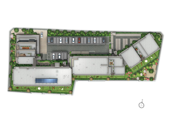 Shared facilities.  [Site placement Rendering] Around the site is surrounded by lush greenery, Parking (site inside and outside 100% ・ Planned) by arranging the Takagi of evergreen in the vicinity of the Green Avenue brings moisture to the roadside.