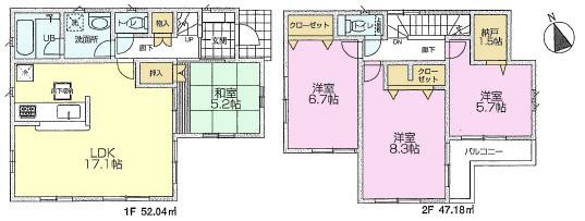 Floor plan. (Building 2), Price 44,800,000 yen, 4LDK+S, Land area 108.51 sq m , Building area 99.22 sq m