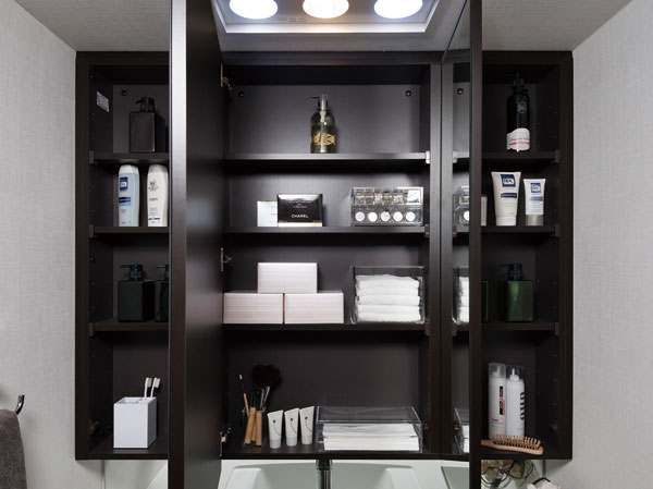 Bathing-wash room.  [Three-sided mirror back storage] Adjustable shelves housing the tissue box was secured just fits depth. (More than me in the room photo model Room E type)