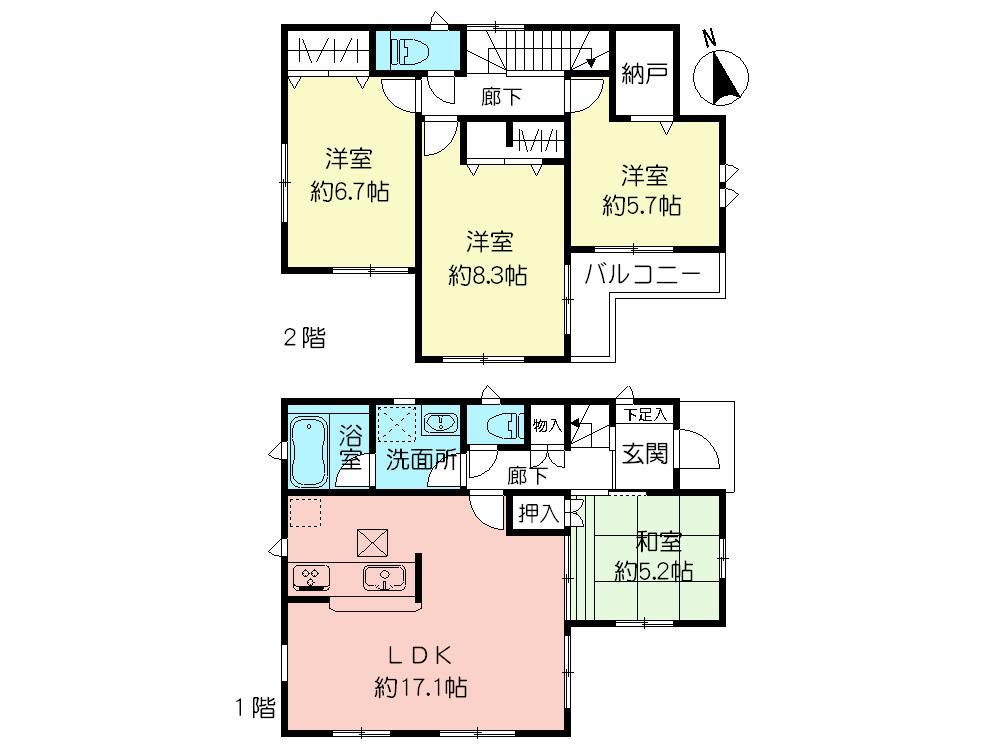 Floor plan. (Building 2), Price 44,800,000 yen, 4LDK+S, Land area 108.51 sq m , Building area 99.22 sq m