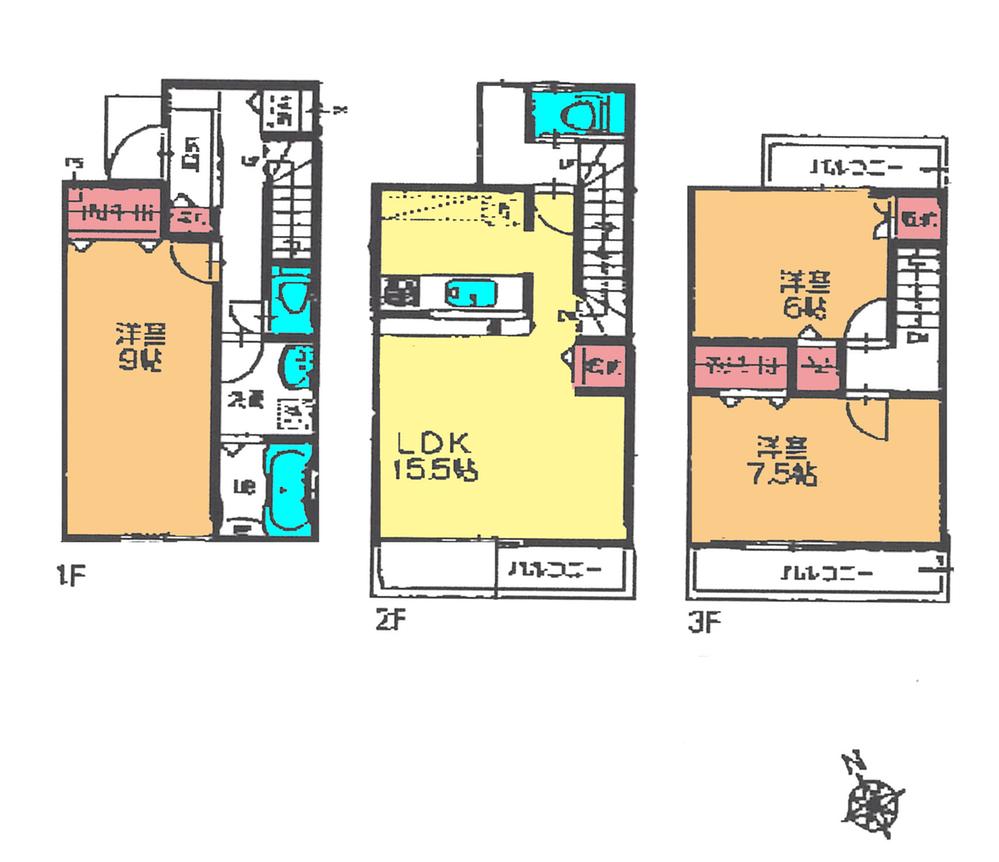 Floor plan. (1 Building), Price 32,800,000 yen, 3LDK, Land area 62.01 sq m , Building area 96.88 sq m