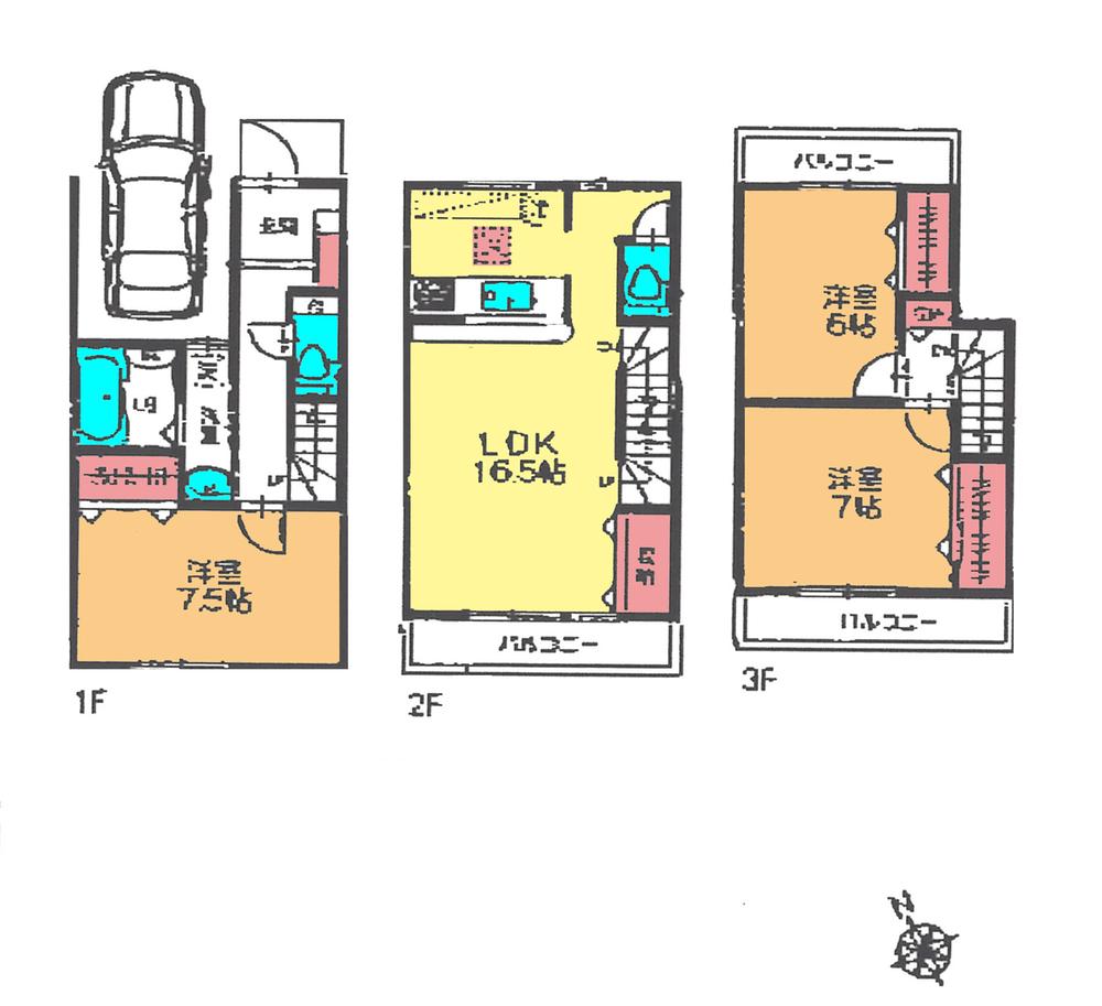 Floor plan. (Building 2), Price 30,800,000 yen, 3LDK, Land area 65.28 sq m , Building area 99.36 sq m