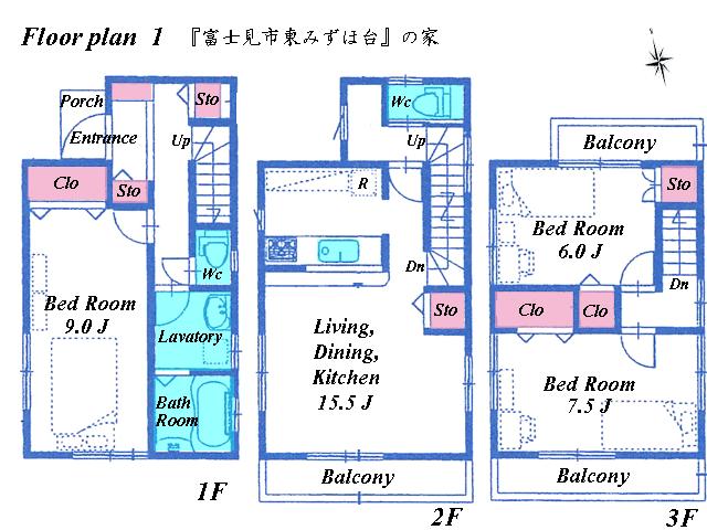 Floor plan. (1 Building), Price 32,800,000 yen, 3LDK, Land area 62.01 sq m , Building area 96.88 sq m