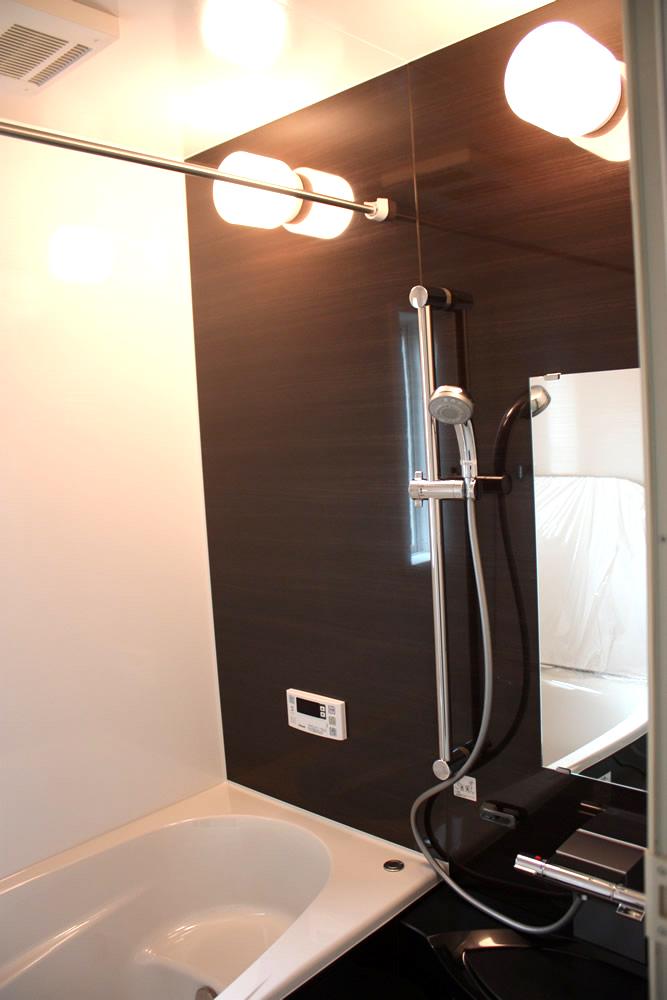 Bathroom. Second model house indoor (July 2012) Dark brown wall color is elegant impression of.
