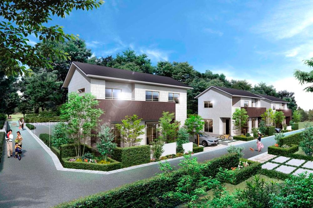 Cityscape Rendering. Subdivision is, All sections of the room 37 square meters or more. Town with a lot of nature and well-being. The houses built for sale of the facade, Green and flowers are planted, Feels as if it were a part of like garden also green Kaizuka park next to. 