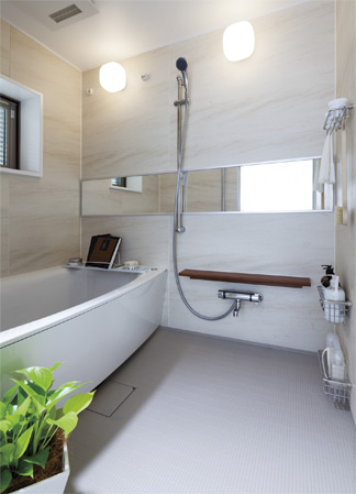 Bathing-wash room.  [Lac bathroom] Bathroom mind nor body become easier. "Relax", "peace of mind ・ More comfortable bath time in the safety "and" beautiful "," happy "four of ingenuity, Aimed at the more easier, Stress is a free bathroom. (Model Room J-type ・ Menu plan ・ Some paid ・ Application deadline Yes)