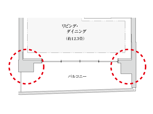 Building structure.  [Out Paul design] Dwelling units in the balcony side adopts out pole method does not go out the pillar type in the room. Since the chamber is used effectively to corner you can enjoy the layout, such as furniture. (Conceptual diagram)