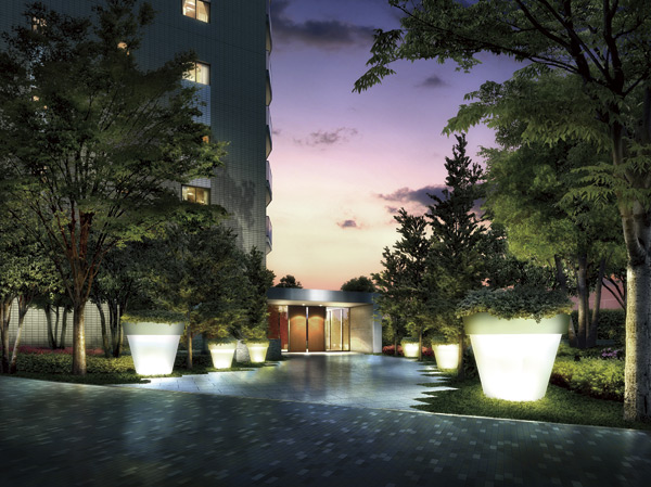 Features of the building.  [Spread the excitement and joy to go home, Approach with depth] The entrance of the apartment Street Ward leaves the "HILLS GATE", Stone paste approach some of the material sense, Due to a depth by planting seasonal facial expressions and on both sides of objects, Gradually gracefully produce a sense of security to return to relax zone. Landscape of the Garden Town, which spread to the entire field of view, Makes you feel the depth and world-view of the bosom of the large-scale development unique. (Entrance approach Rendering)