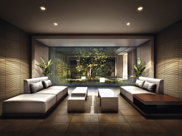 Features of the building.  [Entrance Lounge] Entrance lounge that leads from the entrance, Luxurious space available as your meeting and close person and of Talking place. Lush planting expands in front, Directing the spread of visual space. By lighting encompassing good sofa and gently of comfort, We create moments of relaxation. (Rendering)