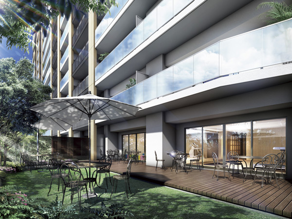 Features of the building.  [Space plus α is, More comfortable in an apartment life] Various shared facilities also one of the great benefits of large-scale apartment life that you can use. "Leben Fujimino Sora Hills (SOLA GATE GARDEN PROJECT)" In the fitness room and a cafe lounge on the first floor part, Offer a wide range of facilities and a children's room. At any time you can feel free to use. Along with the user able to use it with confidence because it is limited to the apartment residents, Also it helps to communicate your neighborhood together. (Terrace space Rendering)