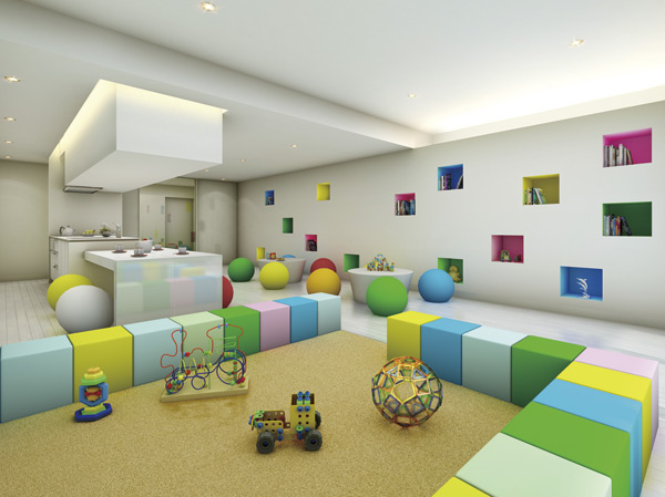 Features of the building.  [Cafe Lounge & Children's Playground] Offer a cafe lounge "SOLA CAFE" available to chat and a little refresh of the close people. Please enjoy leisurely tea time to your favorite time. It should be noted, Since the corner of the lounge has established a Children's Playground "SOLA KIDS", You can feel free to use in children Child. (SOLA CAFE & SOLA KIDS Rendering)