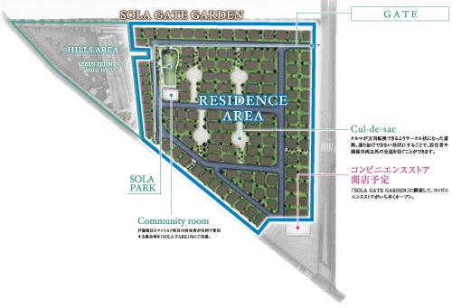 The entire compartment Figure. To highly independent site of about 28,300 sq m, The parks and green road strategically placed was detached city-ku, + apartment complex garden development of "SORA GATE GARDEN" (the entire section view)