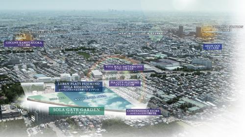 aerial photograph. Tobu Tojo Line "Kamifukuoka" 21-minute walk from the station. In the land of Fujimino, Introducing complex garden type big town is on a scale of all 125 House (local sky actually a slightly different is the addition of CG process was taken in June 2013 from)