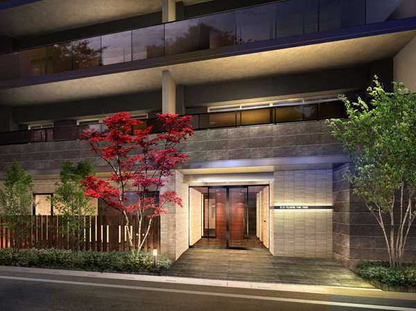 Shared facilities.  [Park Front Entrance Rendering] It is healed in calm atmosphere if put in one step, Space design for switching between a sense of air. Entrance was representing the appearance to feel the dignity. A combination of calm texture of the floor and the border tiled wall textured, I was tightening the space by using the black on key points, such as a door frame.