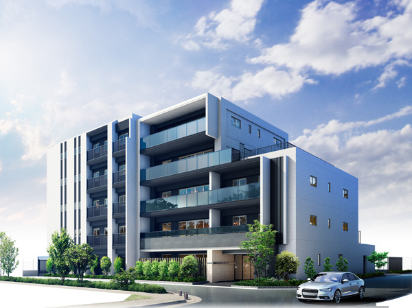 Shared facilities.  [Bright Court northeast side Exterior - Rendering] The black on a white base color by using the key point edging, Represent a special presence to the peripheral landscape rich in color. Also, Sticking to the material with the texture of the mat system, Foster a gentle style worthy of permanent residence. Furthermore, by handrails and Marion stressed the black and white of the line, It has been improved a profound feeling of the building.