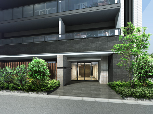 Shared facilities.  [Bright Court Entrance Rendering] A combination of calm texture of the floor and the border tiled wall textured, Entrance appearance that tightening the space by using the black on key points. It symbolizes the dignity of the house, I asked a design that leads to a deep affection. Ceiling of indirect lighting up folding in the entrance hall will plus the kindness to space.