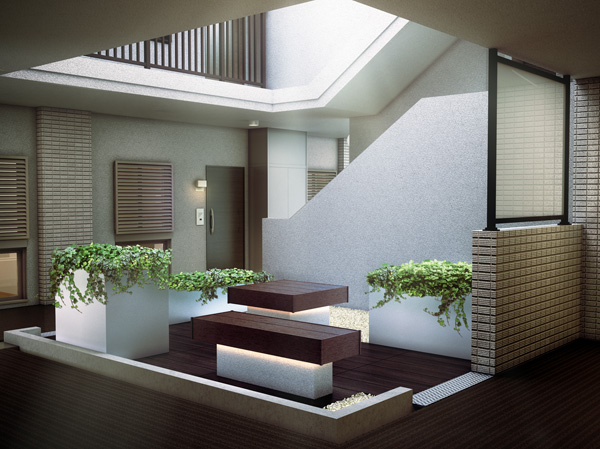 Shared facilities.  [Bright Court patio (courtyard) Rendering] Located in the open, two-direction land that two-way of the northwest and the northeast is in contact with the public roads. Entrance approach, To separate the flow line of people and vehicles to support the peace of mind of the pedestrian, Block a suspicious person of intrusion in the enhancement of the security of the apartment unique. Also useful to casual petting of residents on the first floor, Patio was planning (courtyard).