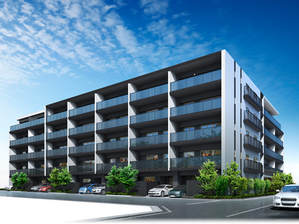 Buildings and facilities. In order to draw the appearance suitable for low-rise residences to obtain a much-valued location, Asked for no new exterior design is to Fujimino. The black on a white base color by using the key point edging, Represent a special presence to the peripheral landscape rich in color. Also, Sticking to the material with the texture of the mat system, Foster a gentle style worthy of permanent residence. further, By emphasizing the black-and-white of the line by the handrail and Marion, It has extended profound feeling of the building. (Park Front Exterior - Rendering)