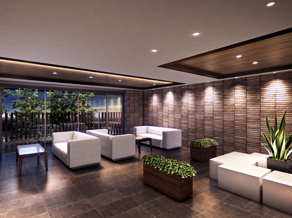 Buildings and facilities. Entrance Hall of the floor and wall material was as it is continuously, Adopted Sulfur butterfly material to the heavens Trey, Plus the kindness in the space stately. Such as inviting in the morning while they last and guests, Lounge space to be healed in calm atmosphere to feel calm temporary. (Park Front Entrance Hall Rendering)