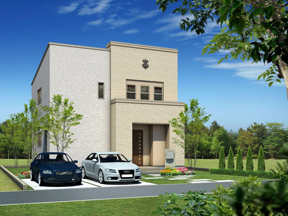 Rendering (appearance). Housing employer criteria house clearing the more than 100% energy saving achievement rate in the (top runner standard). (Window glass all rooms pair glass, kitchen ・ Bathroom with shower water-saving type, Fluorescent lighting, Such as the use of small-diameter piping) / 3 Building Rendering