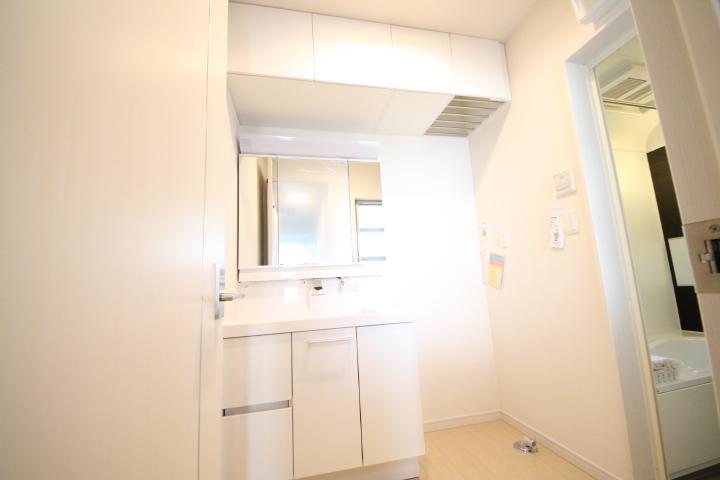 Wash basin, toilet. Three-sided mirror vanity. Storage is abundant there is a hanging cupboard. 