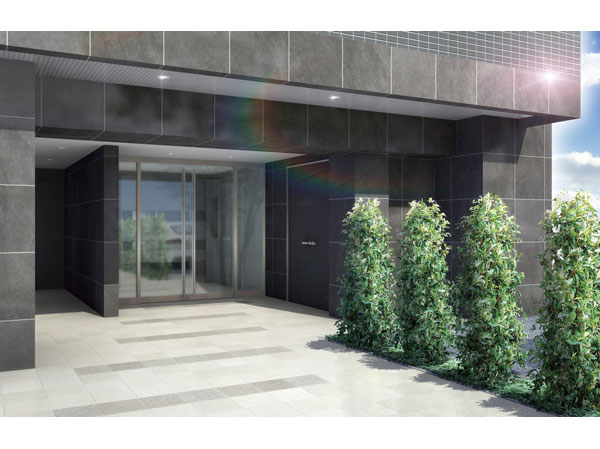 Buildings and facilities. Characteristic material noble dark tones of the tiles. The soft light to guide gently visitors, Director makes an elegant luxury. (Entrance Rendering /  ※ Which was raised drawn based on drawing, In fact a slightly different.  ※ Around building, Facilities and the like, we have omitted.  ※ It should be noted, Planting does not indicate the status of a particular season. or, Tree species of planting, About the size has become a undetermined, It does not grow to about Rendering at the time of completion.  ※ Toy, etc. are omitted for clarity)