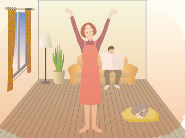 Interior.  [Hot water floor heating] In three of the thermal efficiency of the "radiant heat," "conductive heat", "convection", Warmth of hot water floor heating, such as Sunny. (Conceptual diagram)