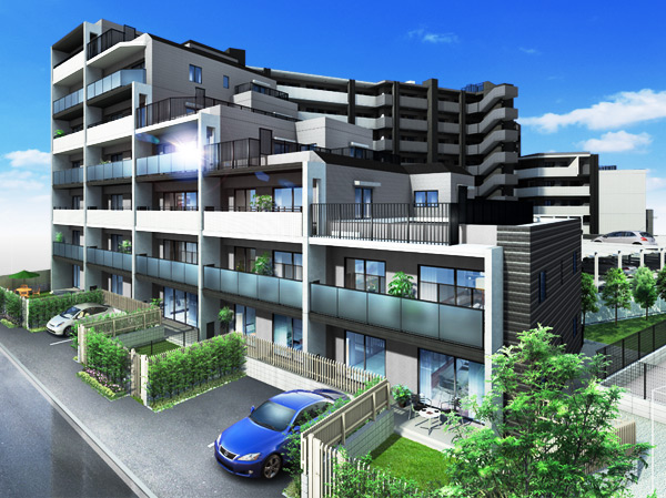 Features of the building.  [On-site parking complete 100%] On-site parking has secured all dwelling units worth for all households live. Also available plan to the next to the private garden and a private flat 置駐 car park. Such as also to separate flow line of pedestrian and vehicle, We also considered to safety. (Exterior view)