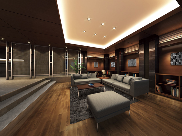 Features of the building.  [Drifting gracefully, Kokochiyoki of intelligence Kaori] Next to the entrance hall, Set up a library in partnership with "Aoyama Book Center". Select even books will be updated every month (planned) ※ . And sometimes stimulate the intellectual curiosity sat on the sofa. It also will be the real thrill to live in this mansion.  ※ Fee is included in the administrative expenses. (Library Rendering)