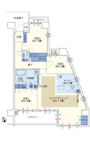 M type (menu plan) 3LDK + 2WIC / Footprint: 86.74 sq m  / Balcony area: 10.35 sq m  / Service balcony area: 3.60 sq m  ※ WIC = walk-in closet, SK = slop sink ※ M Type menu plan (free of charge) Application deadline Yes