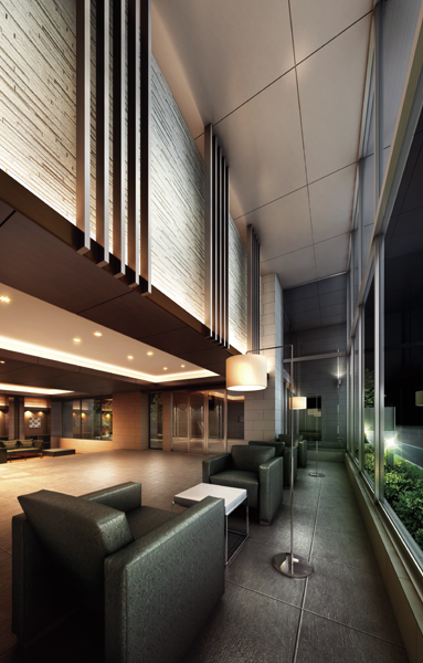 Characteristic entrance hall with large windows. Me welcome warmly the residents and guests / Entrance Hall Rendering