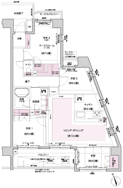 Floor: 3LDK + S (2 ~ 6th floor), 4LDK(7 ・ 8 floor), the occupied area: 86.74 sq m