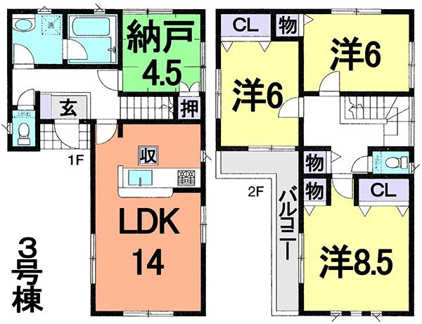 Floor plan. (3 Building), Price 32,800,000 yen, 4LDK, Land area 106.54 sq m , Building area 93.96 sq m