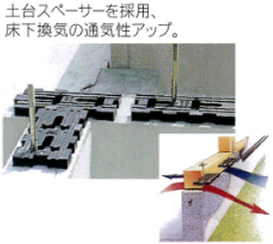Construction ・ Construction method ・ specification. Adopt a ventilation system by base spacer. Ventilation and the whole floor evenly with slit ventilation over the building the entire circumference, Moisture is not easily transmitted because the foundation floats from concrete, It is safe for effective and long-term, even for improving the durability of the foundation.
