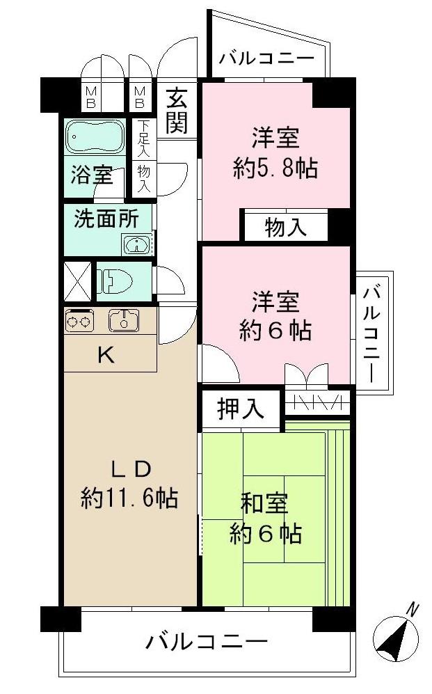 Floor plan. 3LDK, Price 18.2 million yen, Occupied area 69.13 sq m , Balcony area 13.8 sq m